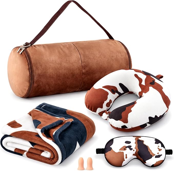 5 Pcs Travel Pillow and Blanket Set, 5 in 1 Travel Airplane Compact Includes 40 x 60 Inch Throw Blanket Eye Mask Neck Pillow Earplug and Bag Gifts for Travelers Women(Cow Print,Brown)