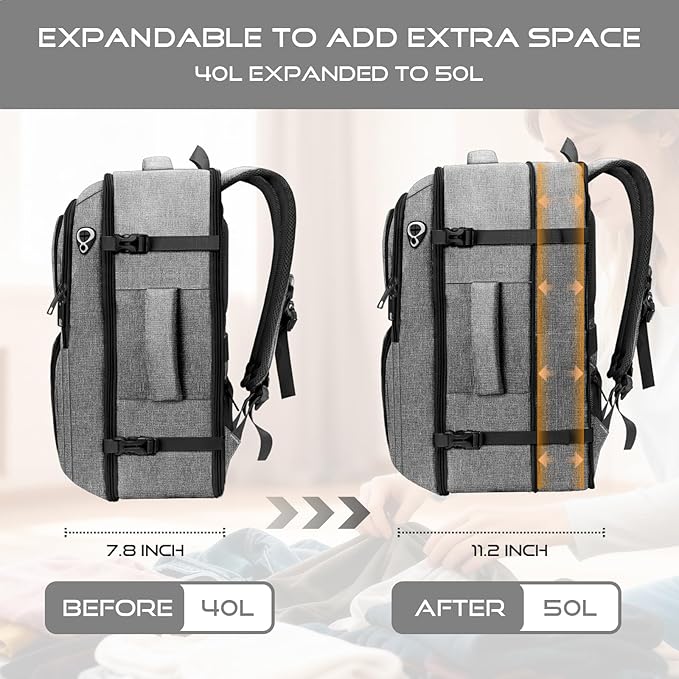 Travel Backpack for Men, Expanable Carry on Backpack, TSA 17.3 inch Laptop Bag Flight Approved, Lightweight Business Luggage Bag, Travel Gifts for Men Women, Grey