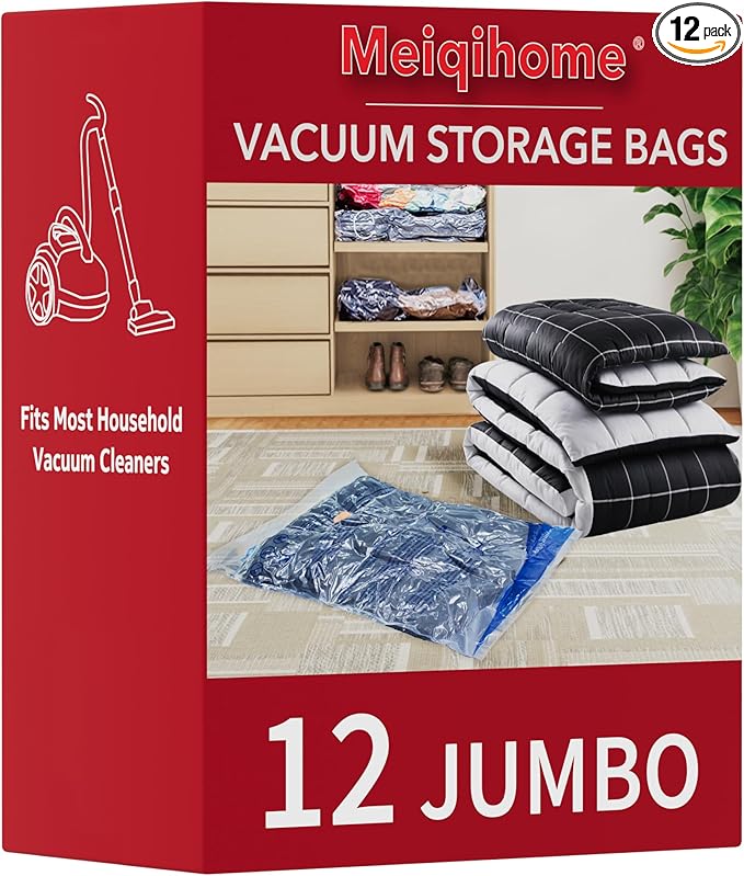 MEIQIHOME Vacuum Storage Bags, Space Saver Sealer Bags,Vacuum seal bags for clothing, Pillows, Comforters, Blankets, Bedding,Travel,12 Jumbo
