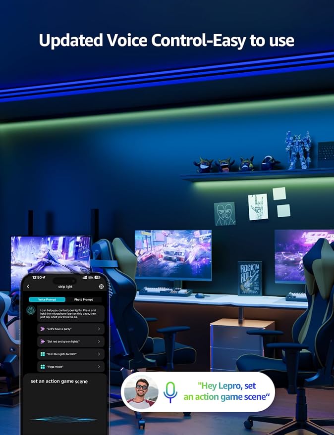 Lepro SE1 AI Smart LED Strip Lights 49.2FT RGB WiFi Bluetooth Lights | AI Generated Lighting Effects,APP Control,Custom Color Scenes,Music Sync,Bedroom,Room,Gaming