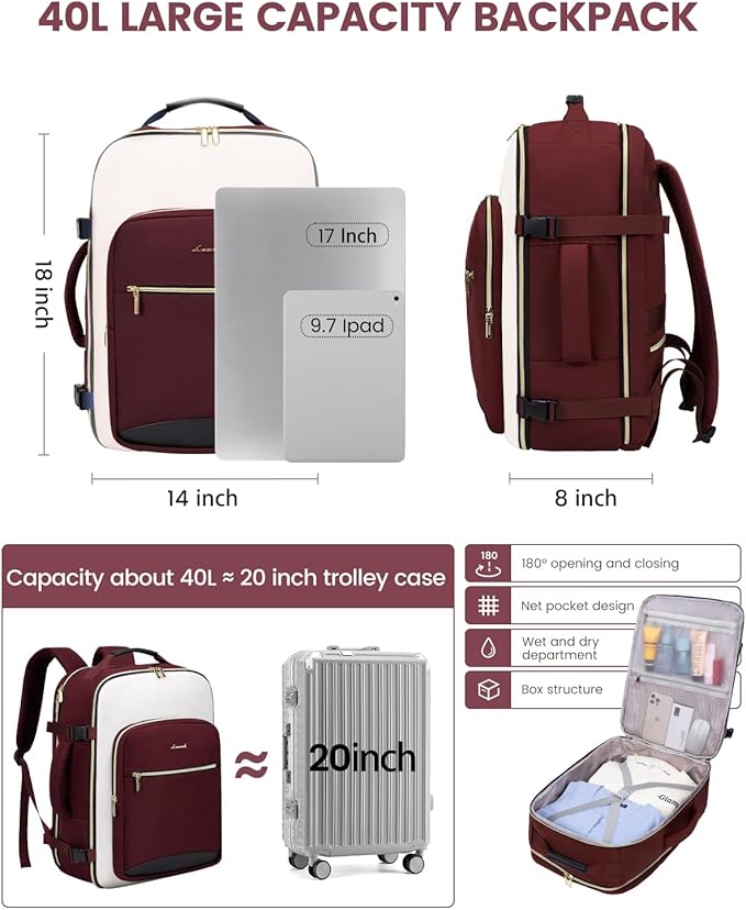 LOVEVOOK Large Travel Backpack for Women & Men, 40L Carry on Backpack for Airplanes, TSA Personal Item Travel Bag fits 17" Laptop, Waterproof Travel Essentials Airline Approved with 3 Packing Cubes