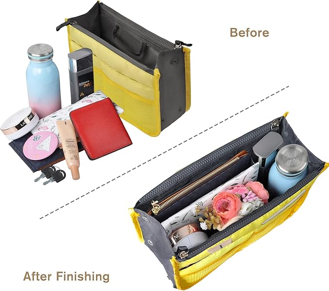 Vercord Purse Organizer Insert for Handbags Bag Organizers Inside Tote Pocketbook Women Nurse Nylon 13 Pockets Yellow Medium
