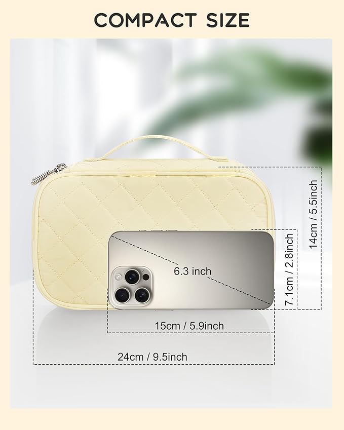 Relavel Travel Makeup Bag, Small Cosmetic Bag with Makeup Brush Compartment, Double Layer Makeup Organizer Bag, Portable Toiletry Bag Makeup Pouch for Women, White