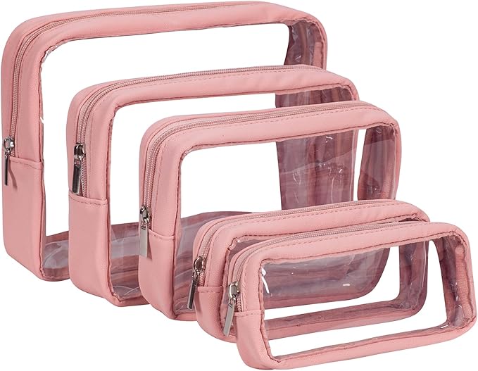TSA Approved 5-Piece Diaper Bag Organizer Pouch Set Clear Waterproof TPU Kids Toiletry Storage Set Travel Packing Clutch Cube Bags for Baby Nursing (Pink Leather)