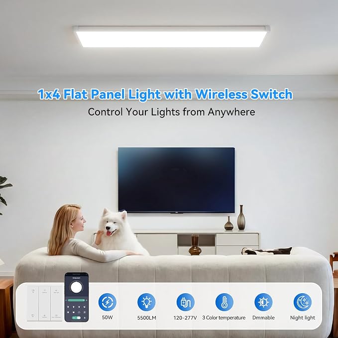 AIKVSXER 36PCS 1x4 LED Flat Panel Light Surface Mount with Wireless Switch | App Control, Night Mode, 50W 5500LM, 3000K/4000K/6500K, Ultra-Thin LED Light for Office Home,120-277V - White