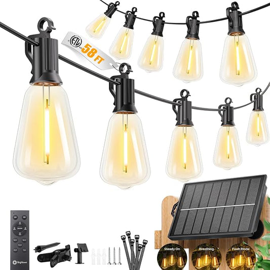 Brightown 58FT Solar String Lights Outdoor Waterproof, 26Hrs Runtime | 25+1 LED Bulbs, USB & Solar Powered, Remote Control & Dimmable Timer, Ideal for Backyard, Garden, Camping & Party Decor