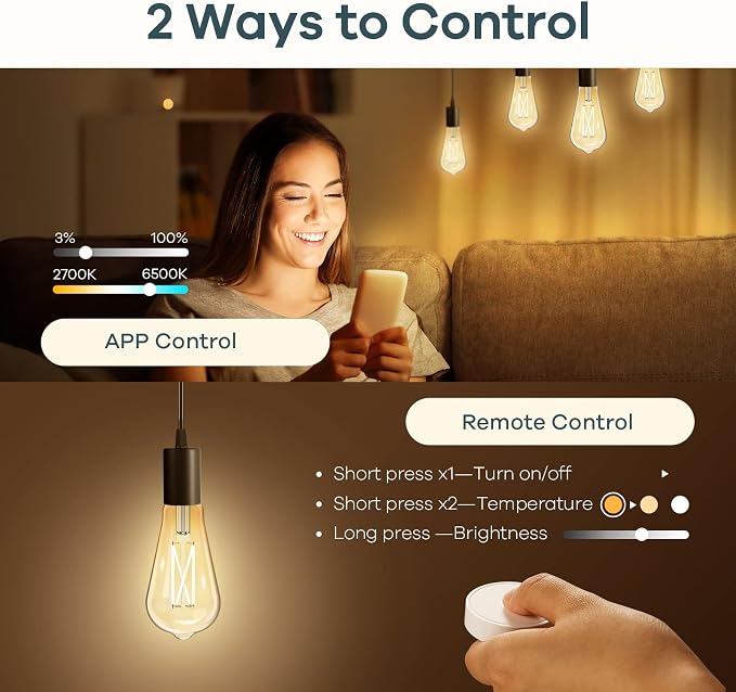Linkind Smart Edison Light Bulb, ST19 (58) Vintage Bulb, 6 Pack with Remote | Work with Alexa/Google Home, 2700K-6500K Warm White to Daylight LED Filament Bulb, Smart Dimming, WiFi E26 Bulb 8W 60W 800LM