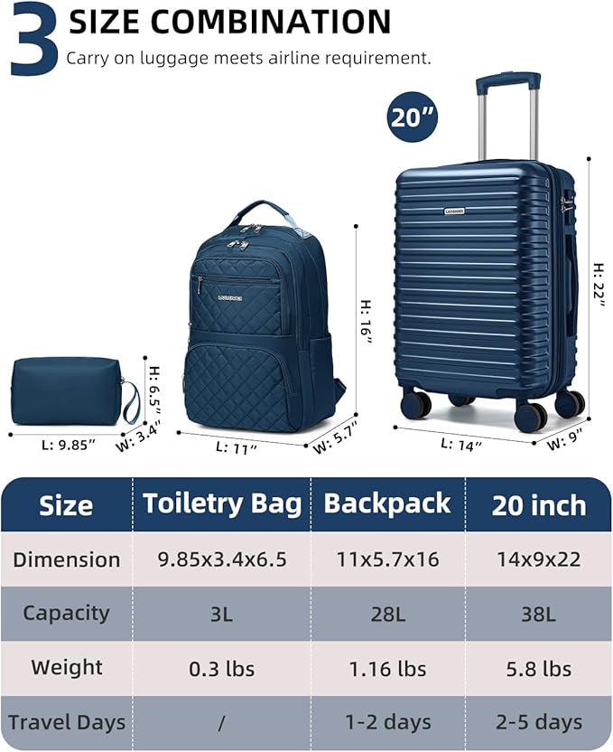 LARVENDER Carry on Luggage 22x14x9 Airline Approved, 20 Inch Expandable Hardside Suitcase with Wheels TSA Lock, PC+ABS Lightweight Carry on Suitcases for Women and Men, Dark Blue