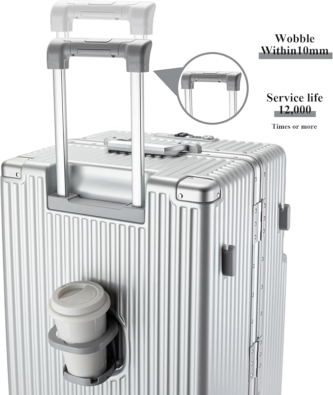 feilario 30in Super Large Captain Aluminum Frame Hardside Spinner Wheels Luggage, Zipperless Checked Suitcase with Front Compartment/Cup Holder/Phone Holder (Silver,30in)