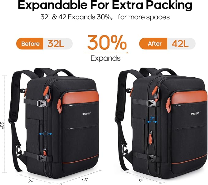 Bagsure Travel Backpack Carry On Backpack 42L Flight Approved, Expandable Laptop Backpack with Packing Cubes & Shoe Pocket, Water Resistant Luggage Backpack for Men Women, Large Backpack 20 * 14 * 7"