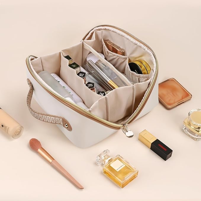 Prite Makeup Bag for Women Travel Waterproof Vegan Leather Cosmetic Bag Open Flat Toiletry Bag With Clear Divider and Handle (Large Beige Pro)