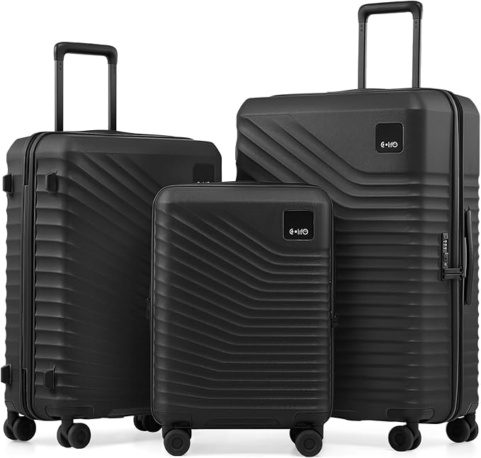 Coolife Luggage Suitcases Hardside Lightweight: Durable PC Expandable Travel 3 Piece Set with Dual Spinner Wheels & TSA Lock, 20/24/28 (20" Expandable) (Black, 3-Piece Set (20/24/28))