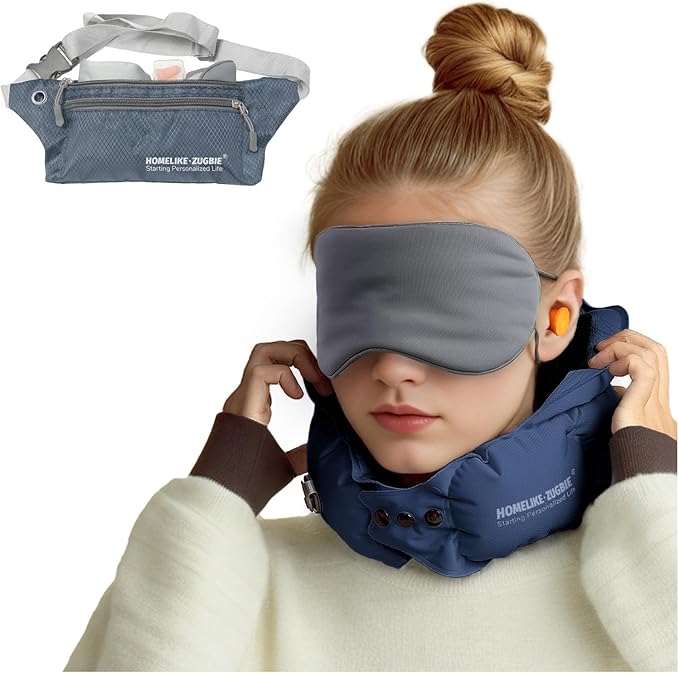 Inflatable Travel Pillow for Airplane, Inflatable Neck Pillow Airplane for Travel Office Nap Neck Support, Buy 1 Get 3 Professional Sleeping Eye Mask and Highly Silent-Navy Blue