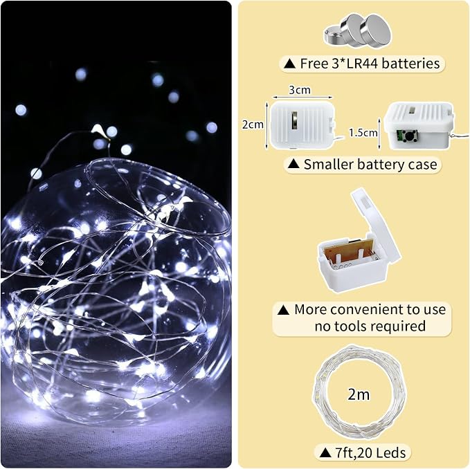 50 Pack White Fairy Lights Battery Operated, 7ft 20 LED Mini String Twinkle Lights for Christmas Halloween Easter Mason Jars Centerpiece Table Decorations (50, White)