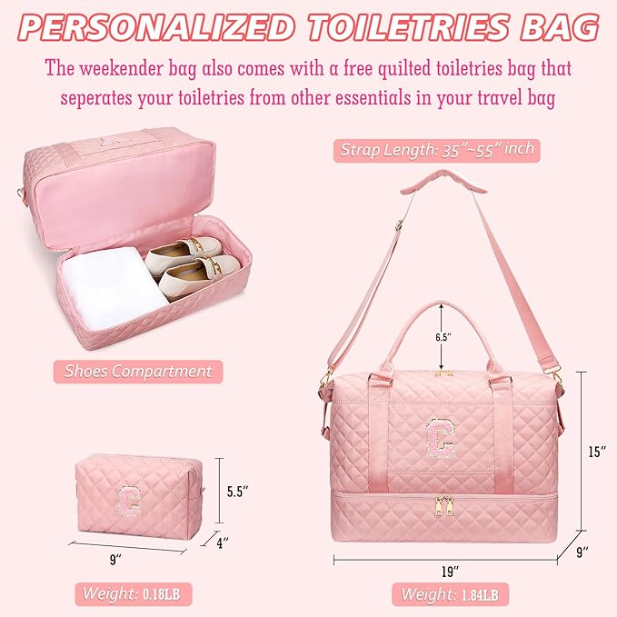 Gifts for Women Girls Initial Travel Duffle Bag Quilted Weekender Carry-On Overnight with Cosmetic Bag, Gym Bag with Shoe Compartment Hospital Bag for Labor Delivery, Pink C
