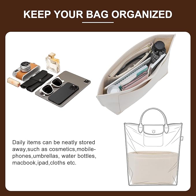 Doxo Felt Purse Organizer Insert for Longchamp Le Pliage M Totes, Longchamp Orgainzer Insert Meduim with 7 Compartments & YKK Zipper | Fits Long Champ Meidum Top Handle Tote Bag (SM, Beige)