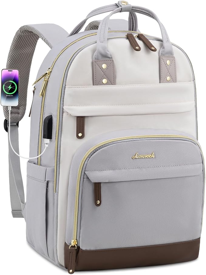 LOVEVOOK Backpack for Women,Laptop Backpack Women,Fits 15.6 Inch Laptop Bag,Fashion Travel Work Anti-theft Bag,Waterproof Business Computer College Teacher Backpack Purse Daypack, Light Grey-Beige
