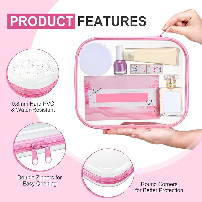 Sanwuta 6 Pcs Clear Hard Zipper Case Plastic Zipper Pouches Transparent Makeup Bag Pencil Case Pouches Toiletry Diaper Bag for Travel Toy Storage Organizer Bins(Pink,9.84 x 7.87 x 2 Inch)