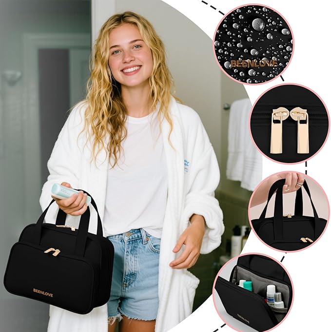 Travel Toiletry Bag, Water-resistant PU Leather Makeup Bag with Multiple Compartments, Large Capacity Makeup Organizer Bag with Handle for Accessories, Essentials, Toiletries, Black