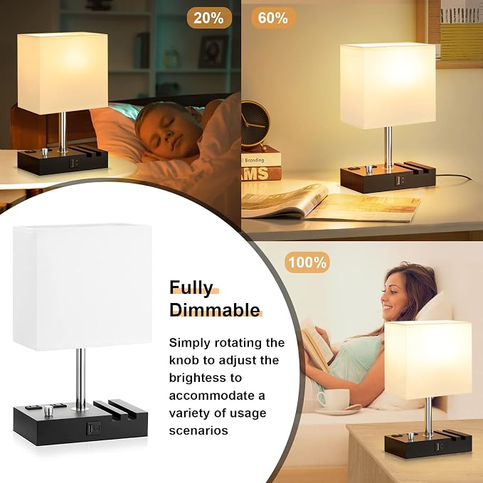 White Bedside Table Lamps Set of 2 - Dimmable, USB C+A, 2 AC Outlets | Dimming By Rotary Knob, USB C+A Ports, 2 Phone Stands, LED Bulbs Included, Rectangle White Lampshade, for Living Room, Desk