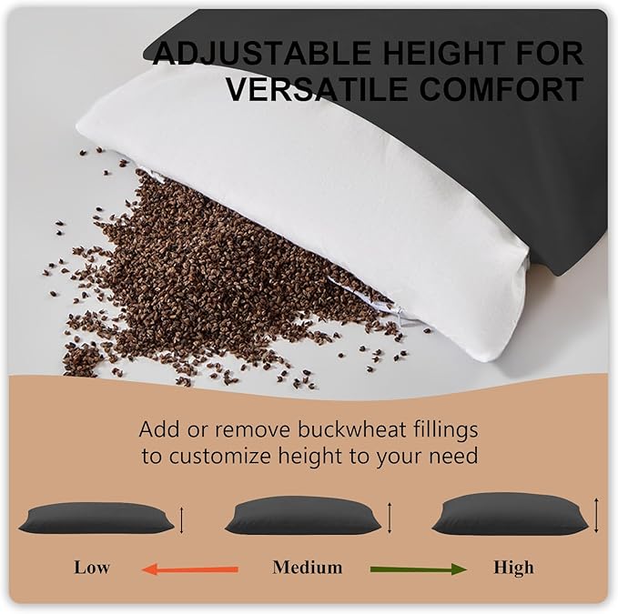 Organic Buckwheat Pillow for Sleeping with Dual-Layer Pillowcase and Extra Tartary Buckwheat Hulls, Adjust Height and Firmness, Neck Support Pillow for Back and Side Sleepers 20"x26", Black