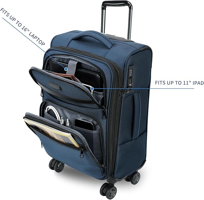 KROSER Softside Expandable Carry On Luggage with Front Business Pockets，20 Inch Suitcases with Spinner Wheels & Built-in TSA Lock, Durable Suitcase Rolling Luggage with USB Port, Haze Blue