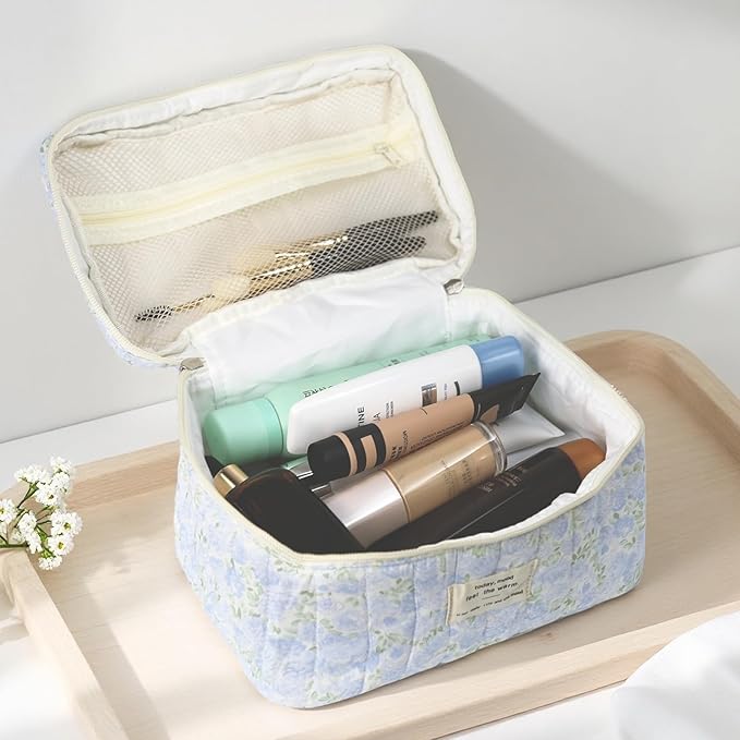1pc Large Makeup Bag, Cute Cosmetic Bag for Women Girls, Floral Coquette Aesthetic Toiletry Bag, Travel Make Up Organizer Bag (Green Leaves Blue Flowers)