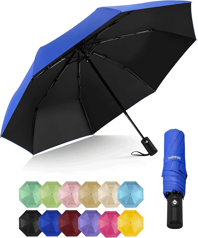 HIPPIH Compact Travel Umbrella for Rain - Windproof Automatic Umbrellas, UV Umbrella for Sun Protection with Black Anti-UV Coating, Portable Small Umbrellas for Backpack, Car, Walking, Kids, Women
