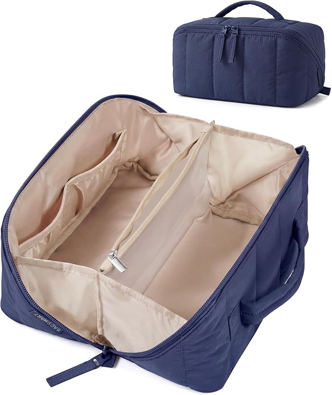 BAGSMART Travel Makeup Bag for Women, Portable Water-resistant Cosmetic Case, Puffy Padded Make Up Organizer Pouch, Open Flat Toiletry Bag for Toiletries, Brushes, Navy Blue