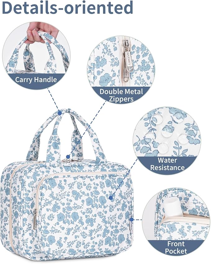 Narwey Hanging Floral Toiletry Bag for Women Travel Makeup Bag Organizer Toiletries Bag for Travel Size Essentials Accessories Cosmetics (Blue Flower (Medium))