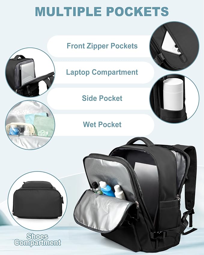 VECAVE Travel Backpack for Women, Airline Flight Approved Carry On Backpacks Waterproof 14 Inch Laptop Backpack with Shoe Compartment Casual Daypack Black
