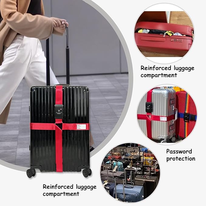 Luggage Straps TAS,Travel Strap with Name tag,Easy to Identify,Luggage Straps TSA Approved with Lock,Combination Luggage Lock with Adjustable Length,Compatible with 20-34 inch Luggage(Red 1 Pack)