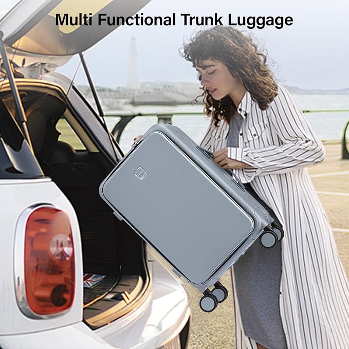 Hanke 28 Inch Luggage with Cup Holder and Charge,Top Opening Hard Shell Suitcases with Wheels and Dividers,Aluminum Frame Trunk Luggage Extra Large Suitcase with Lock for Travel,Gray