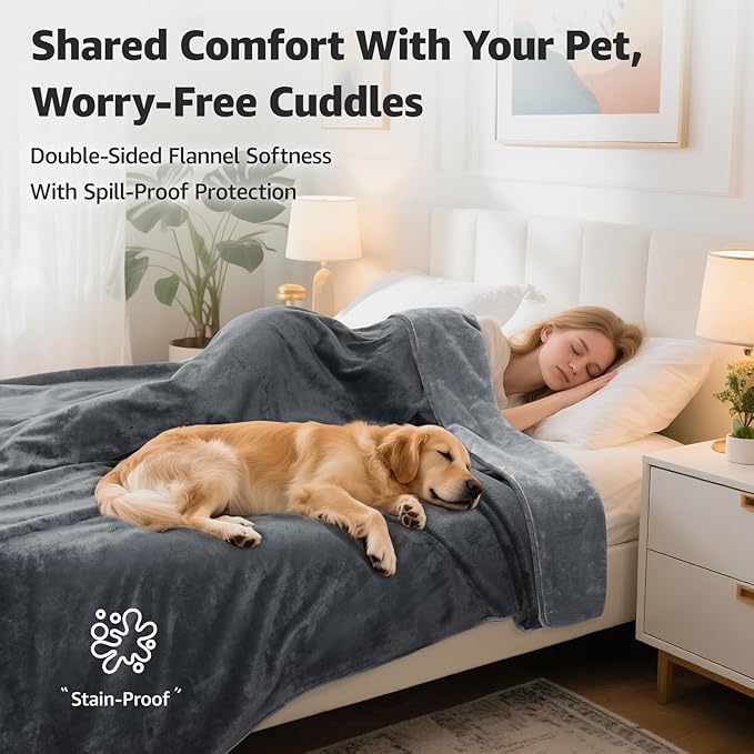 LOOBANI Waterproof Dog Blanket for Couch: Reversible Flannel Bed Blanket for Medium Large Dogs Liquid Proof, Soft Throw Blanket Couch Cover Protector for Sofa, Crate, Travel, Picnic, 50" x 60", Grey