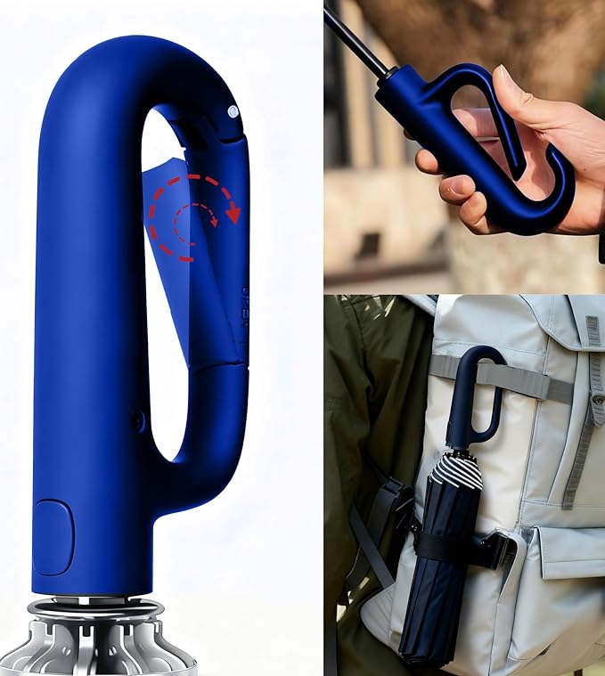 SIEPASA Travel Umbrella with Carabiner Handle - Windproof 10 Ribs Auto Open/Close for Rain & Sun Protection, Compact Portable Clip-on Backpack Design with Safety Reflective Strip.
