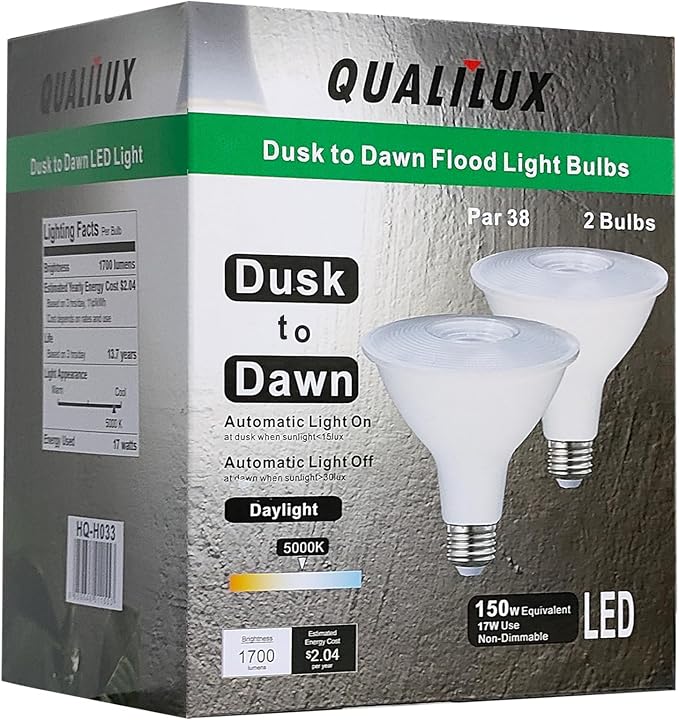 Qualilux PAR38 Dusk to Dawn LED Flood Light Bulbs, Daylight White 5000K, 150W Equivalent 17W, 1700LM, Auto On/Off Light Sensing Outdoor Light Bulb, 2 Pack, Non-Dimmable, HQ-H033