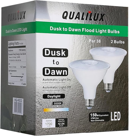 Qualilux PAR38 Dusk to Dawn LED Flood Light Bulbs, Daylight White 5000K, 150W Equivalent 17W, 1700LM, Auto On/Off Light Sensing Outdoor Light Bulb, 2 Pack, Non-Dimmable, HQ-H033