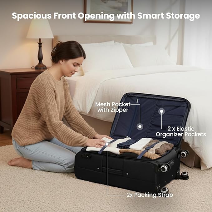 Softside Luggage Sets 3 Piece,Expandable Lightweight Durable Suitcase Sets Double Spinner Wheels w/Combination LOCK （20''/26''/30''）#Black
