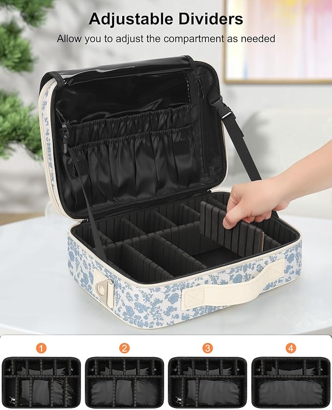 Relavel Makeup Bag Travel Train Case for Women and Girls, Cute Cosmetic Storage Organizer Box Portable Shoulder Bag with Adjustable Dividers and Makeup Brush Comparment, Floral Print