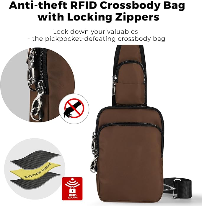 VADOO Sling Bag, Crossbody Bag with Zipper Lock, RFID Blocking & Water Resistant for Men and Women