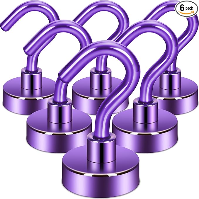 Neosmuk Magnetic Hooks, 30lb+ Heavy Duty Earth Magnets with Hook for Refrigerator, Extra Strong Cruise Hook for Hanging, Magnetic Hanger for Cabins, Grill (Purple, Pack of 6)