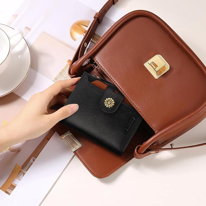 Wallet Women,RFID Blocking Leather Womens Wallet Bifold Compact Card Holder Small Wallet for Women with Removable ID Window blackbrown