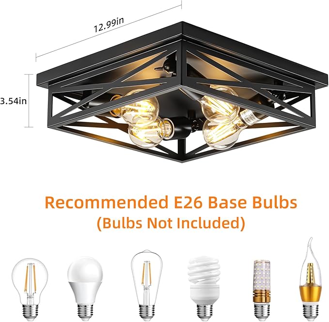 4-Light Flush Mount Ceiling Light Fixture, Kitchen Lights, Black Farmhouse Flush Mount Light Fixture, Metal Cage Closed to Ceiling Mounted Lights for Hallway Entryway E26 Base(1 Pack 13in)