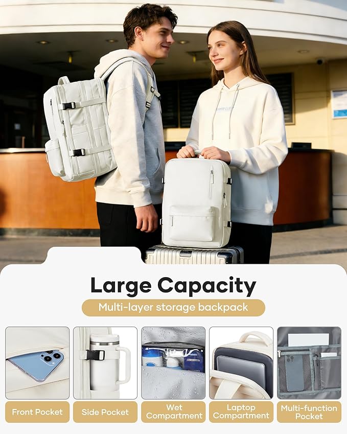 VECAVE Vacuum Backpack Travel with Pump, Expandable Personal Item Carry on Backpacks for Women Men, Laptop Waterproof Work Compression bags with USB Casual Daypack Beige