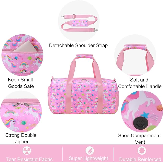 Gym Travel Duffle Bag for Girls - Gymnastics Sports Dance Bag with Shoe Compartment & Wet Pocket Unicorn Kids Travel Bag Teens Weekender Sleepover Carry On Bag