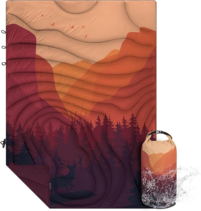 Camping Blanket Puffy - Outdoor Stadium Blanket Wearable, Lightweight, Packable, Machine Washable Camping Quilt for Traveling, Picnic, Beach, Party 78"x 56" (Sunset Mountain Scenery)