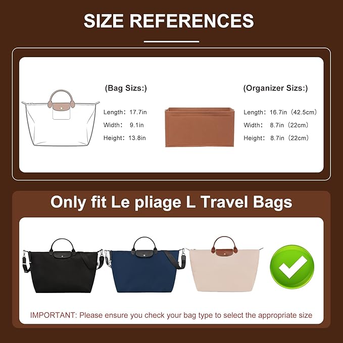 Doxo Felt Purse Organizer Insert for Longchamp Le Pliage L Travel Bag, Longchamp Orgainzer Insert Large with 9 Compartments and Zipper Water Bottle Holder, Fits Long Champ Large Bag (LT, Gold Brown)