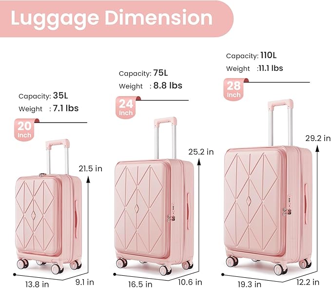 Merax Luggage Sets 3 Piece,Front Open PC Hardshell Expandable Carry on Suitcase with Spinner Wheels and TSA Lock,Lightweight 20in/24in/28in Luggage,Pink-1