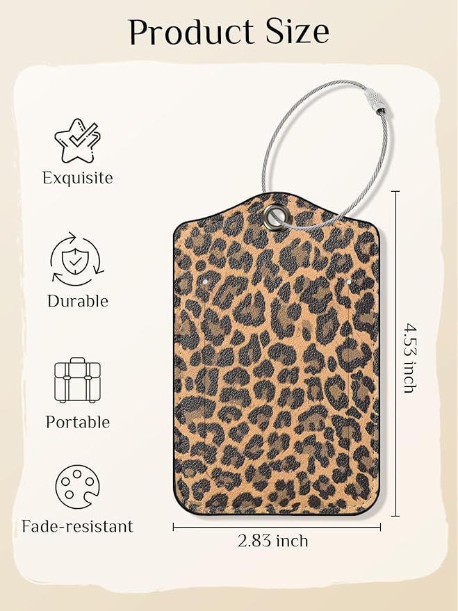 Seorsok 2 PCS Luggage Travel Tags for Suitcases,Cute Brown Leopard PU Leather Name Tag with Privacy Cover&ID Label Address Card and Durable Metal Ring Suitable for Men Women Handbags Backpack,Brown