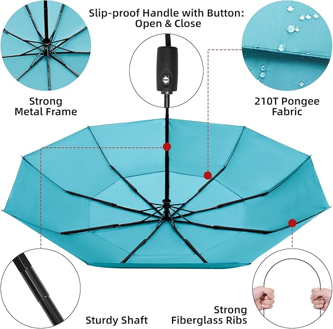 TradMall Travel Umbrella, 42/45 Inches Double Vented Canopy Windproof Automatic Strong Compact Folding Umbrellas for Rain Women and Men